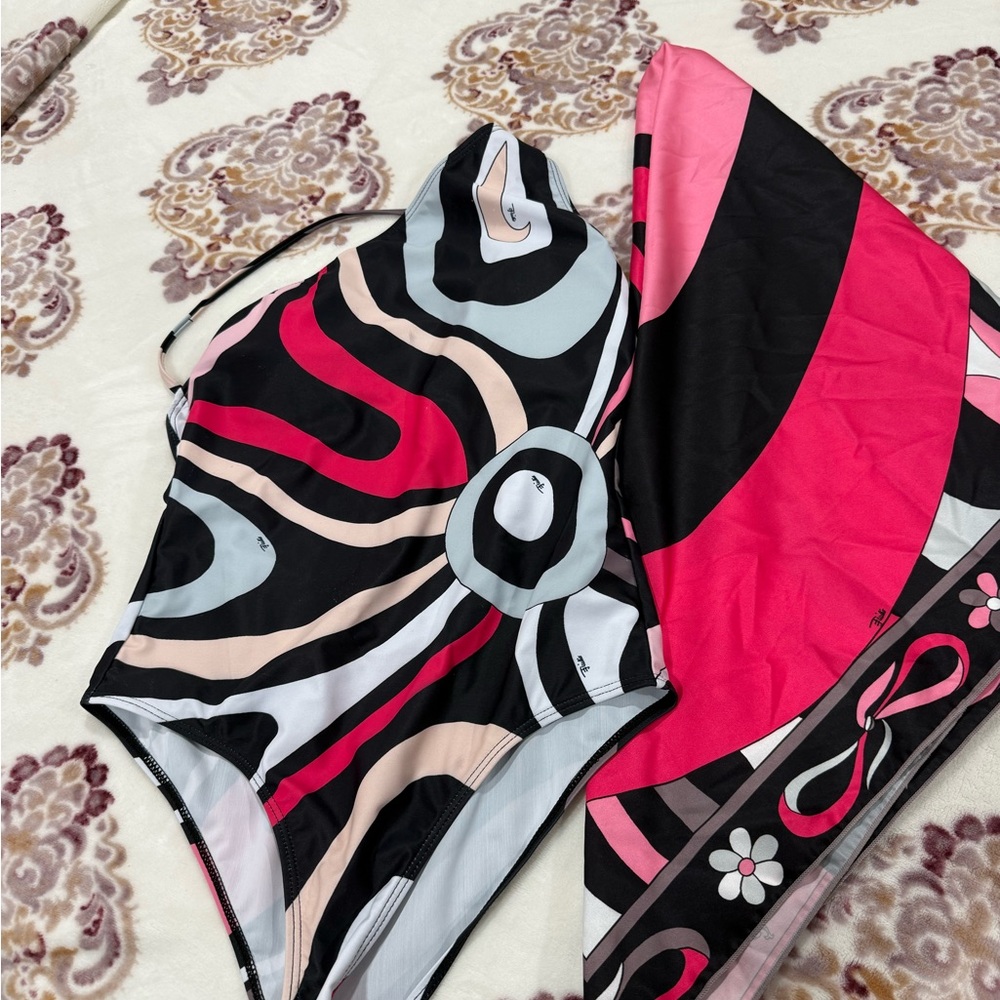 Emilio Pucci Black and Pink Swirl Swim Coverup